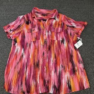 Sara Michelle Tunic Button-Up Womens 2X Pink Striped Lightweight Polyester